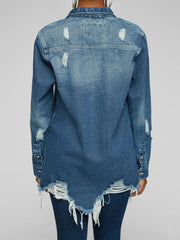 Casual Long Sleeve Shirt Button Ripped Denim Blouse Jacket