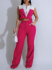 Casual Sleeveless Crop Vest Straight Pants Two Piece Set