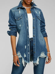 Casual Long Sleeve Shirt Button Ripped Denim Blouse Jacket