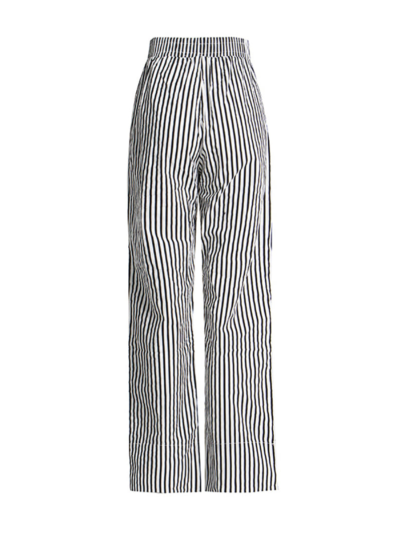 Lapel Off Shoulder Stripe Top And Straight Trousers Set