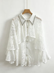 Rhinestone Lace Ruffle Collar Blouse-boutique