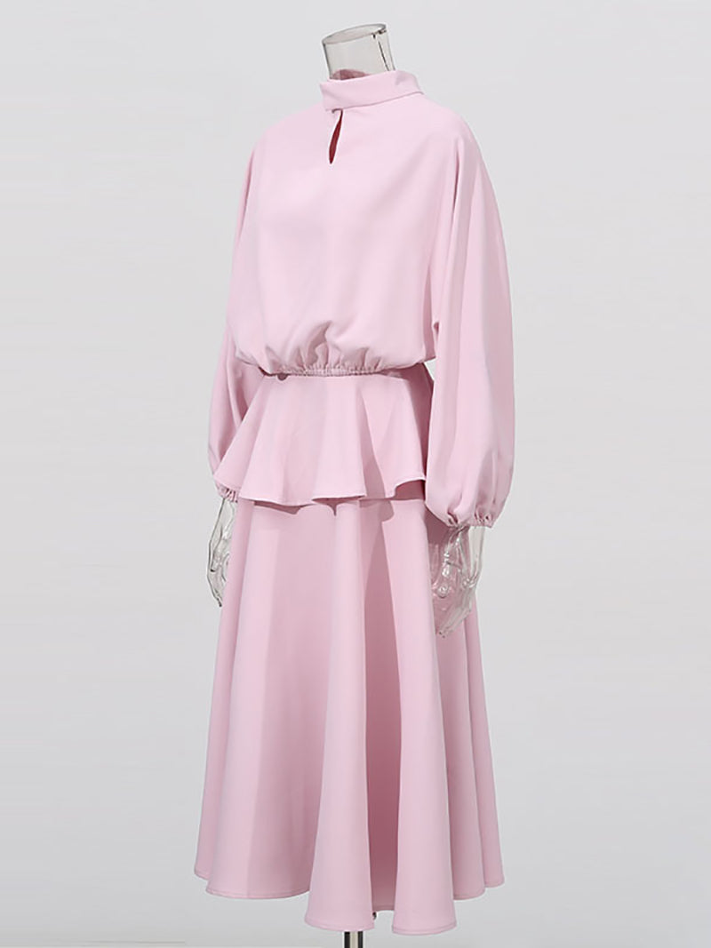 High Neck Cropped Top High Waist Ruffles Midi Skits Set