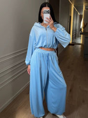 Cropped Drawstring Zip Hoodie and Pants Set