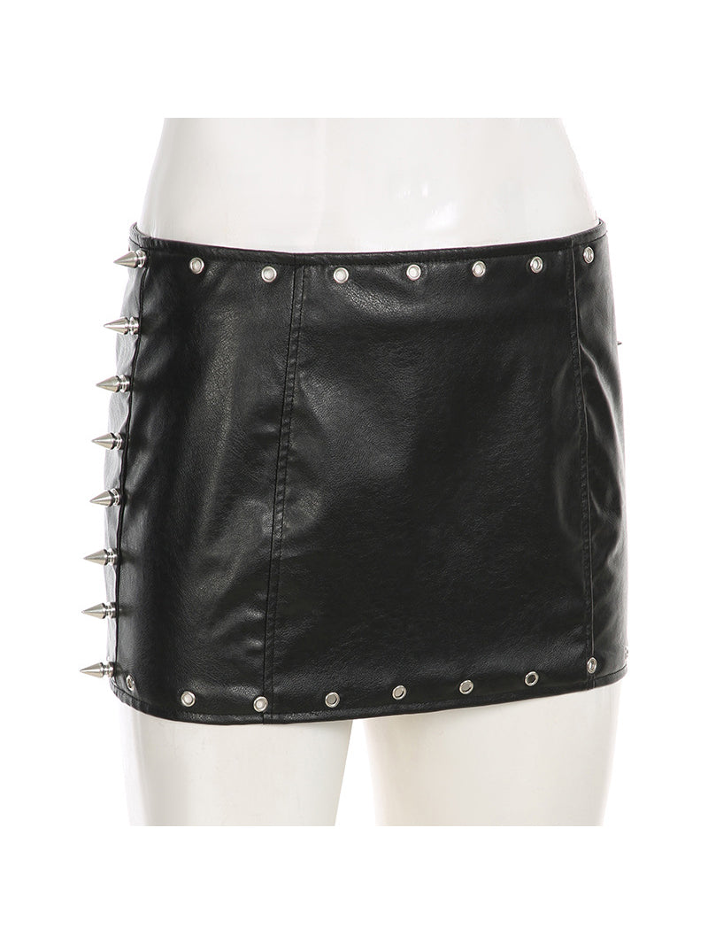 Sexy Studded Faux-Leather Low Waist Mini Skirt