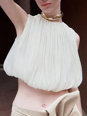 Fashion Round Collar Sleeveless Tulle Pleated Shirt