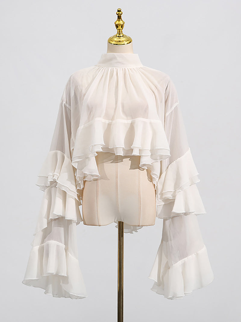 Fashion Sheer Mesh Spliced Ruffles Loose Blouse