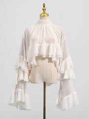 Fashion Sheer Mesh Spliced Ruffles Loose Blouse