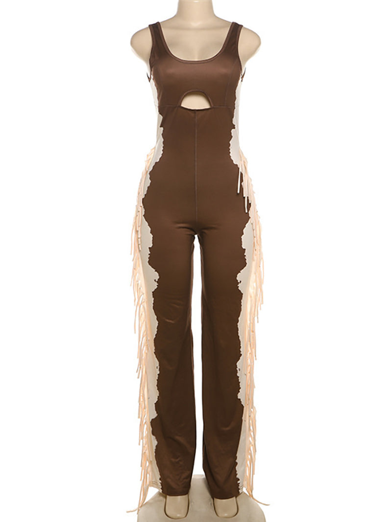 Cutout Wide Leg Side Fringed Sleeveless Jumpsuit