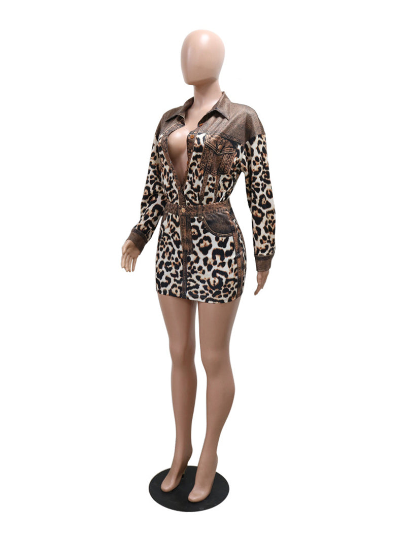 Leopard Print Long Sleeve Top Slit Mini Skirt 2pcs Set