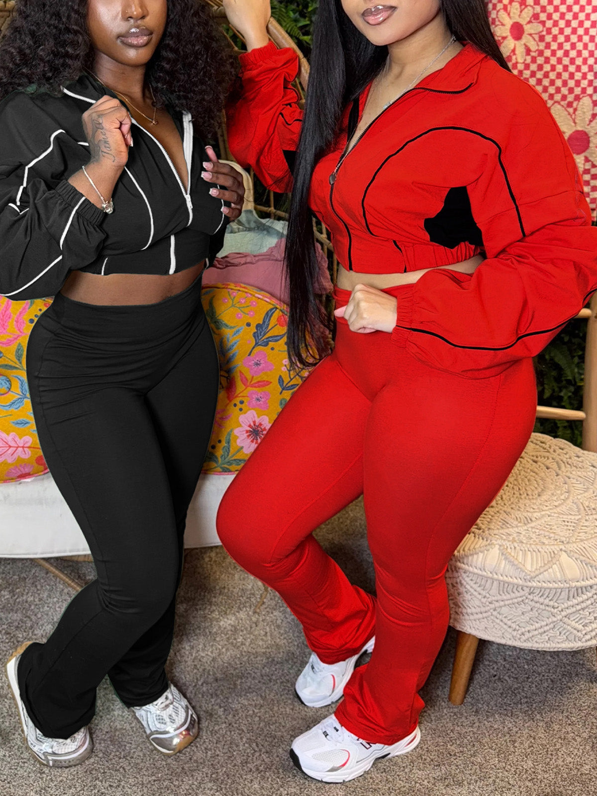 Zipper Cropped Flared Pants Casual Two Piece Sets