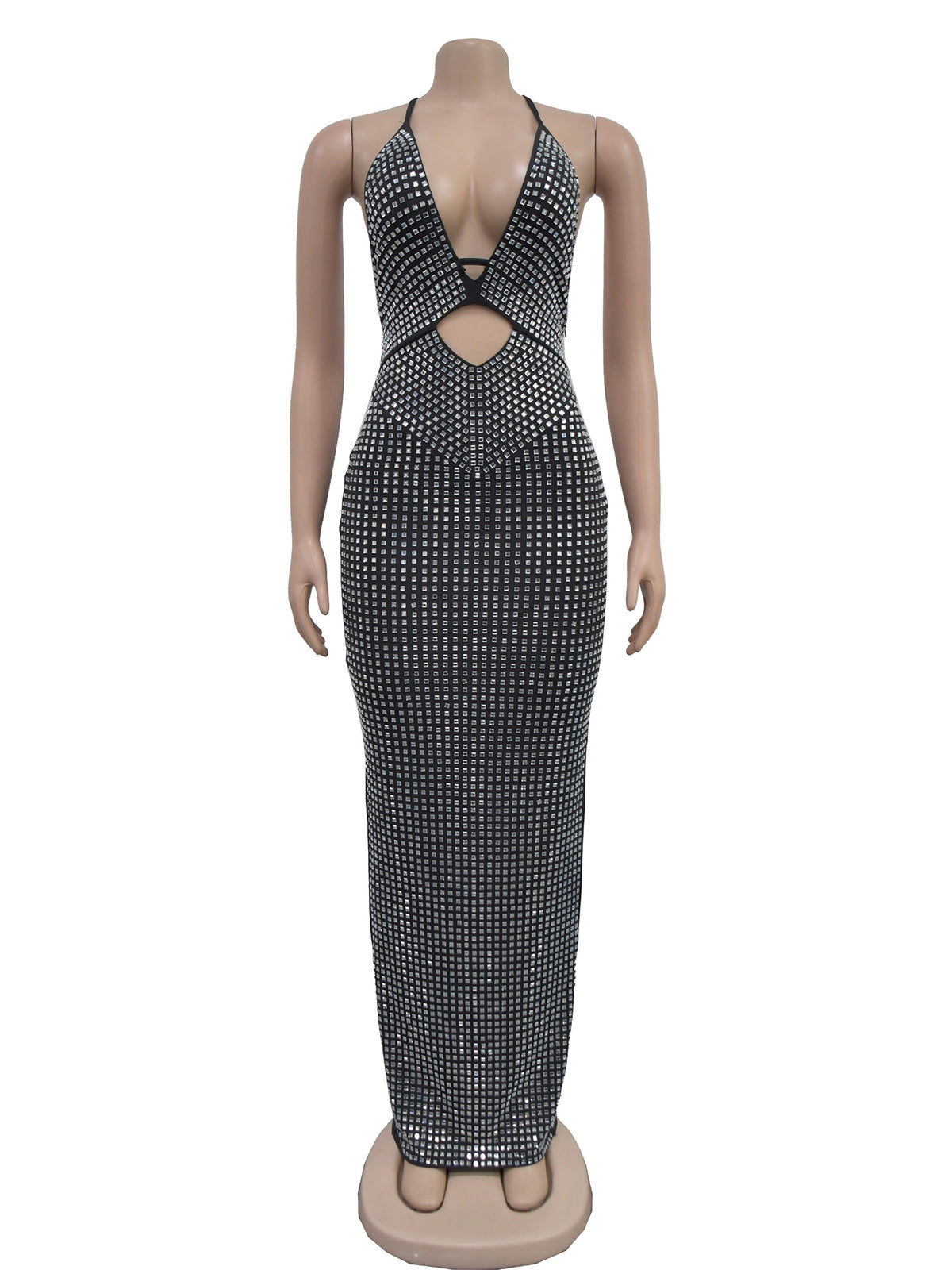 Elegant Halterneck Hollow Rhinestone Midi Dress