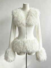 Faux Fur Trim Knit Sweater-boutique