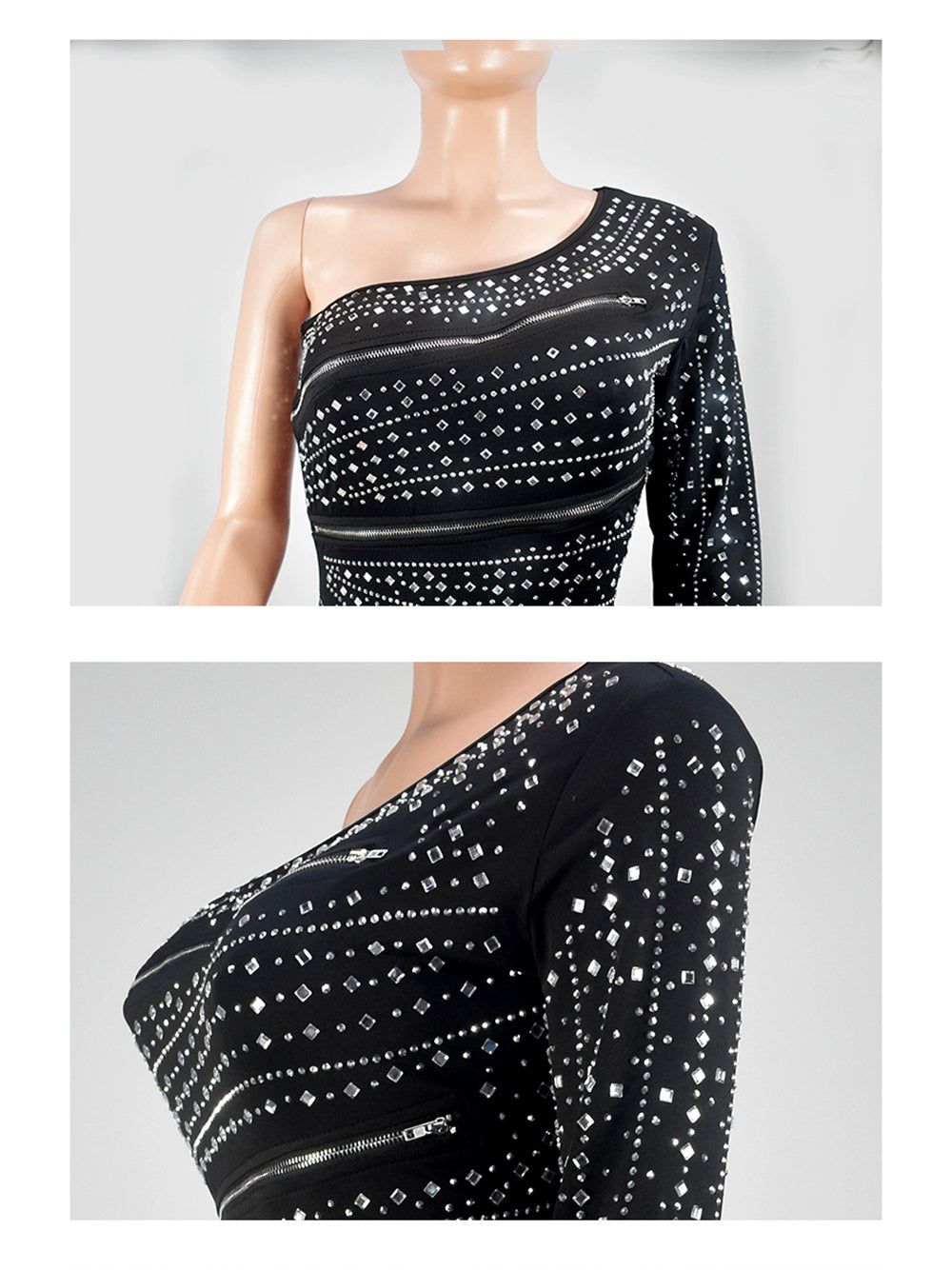 Sexy One-shoulder Rhinestone Bodycon Dress