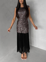 Fashion Round Neck Sequin Patchwork Mesh Maxi Dress