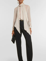 Fashion Ribbon See through Long Sleeve Silk Blouse