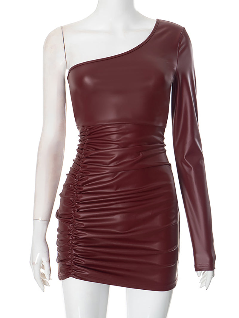 Sexy One-Shoulder Pu Leather Bodycon Dress