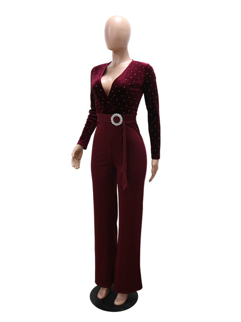 Sexy Rhinestones V Neck Velvet Jumpsuit