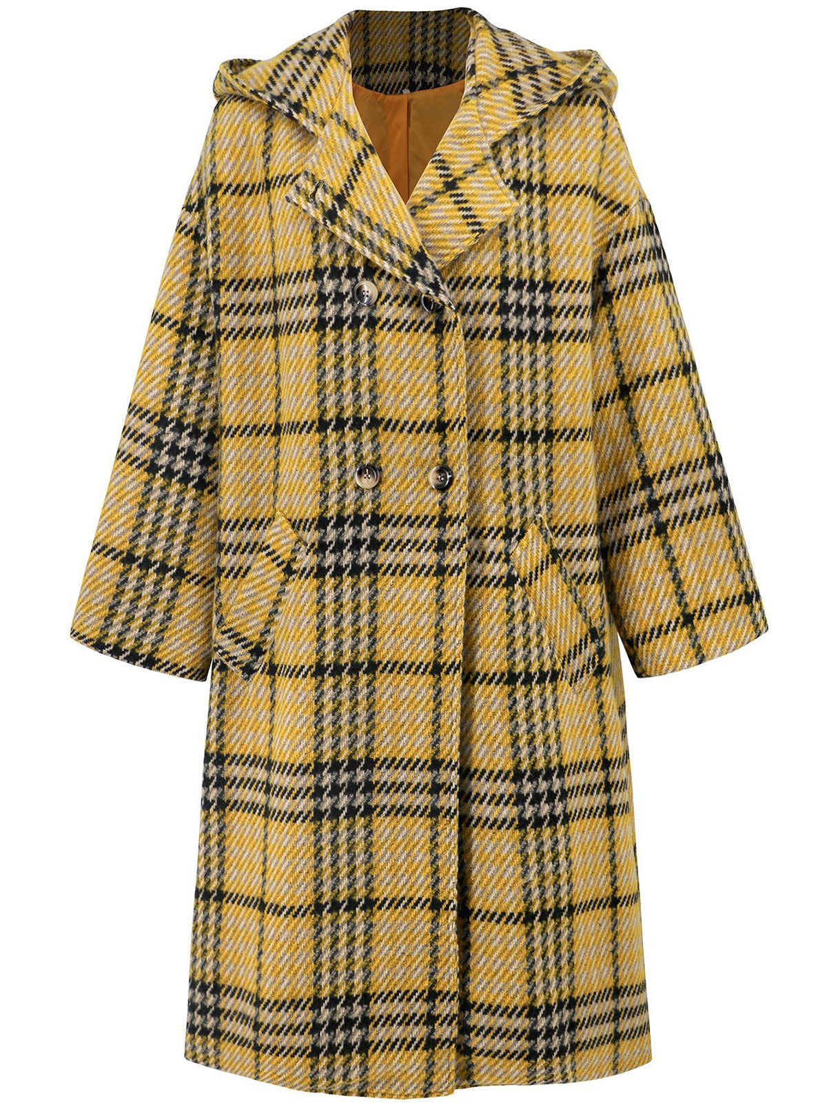 Wool Blend Plaid Lapel Double Breasted Coat