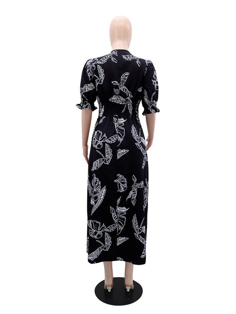 Elegant Print Buckle Patchwork V Neck Long Dress