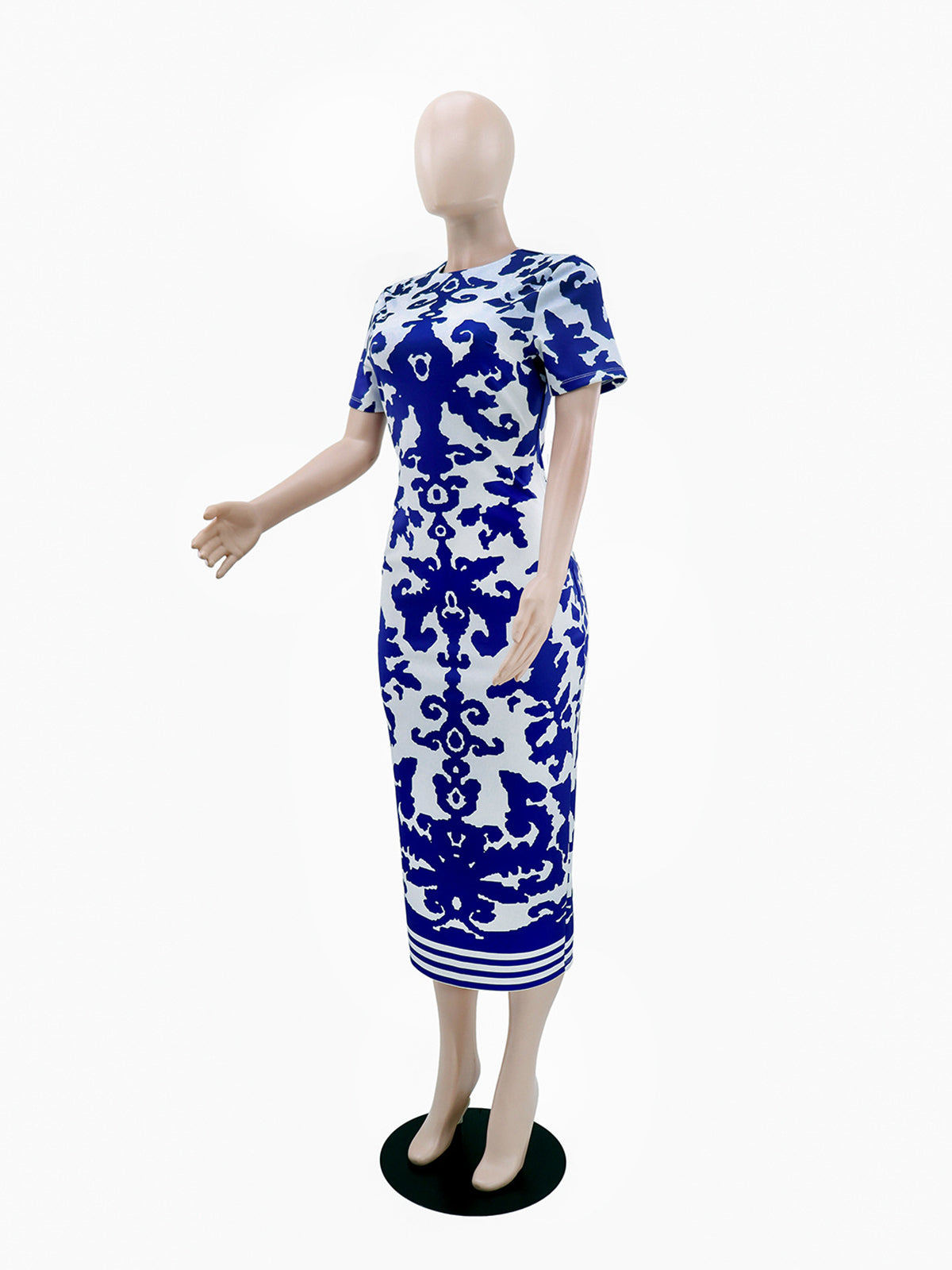 Elegant Round Collar Print Bodycon Maxi Dress