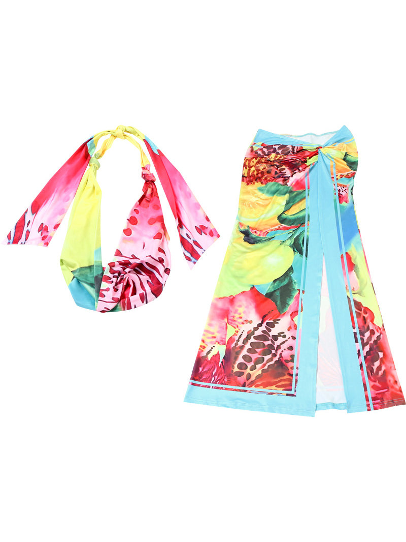 Sexy Print Halter Lace-up High Slit Skirt Two Piece Set