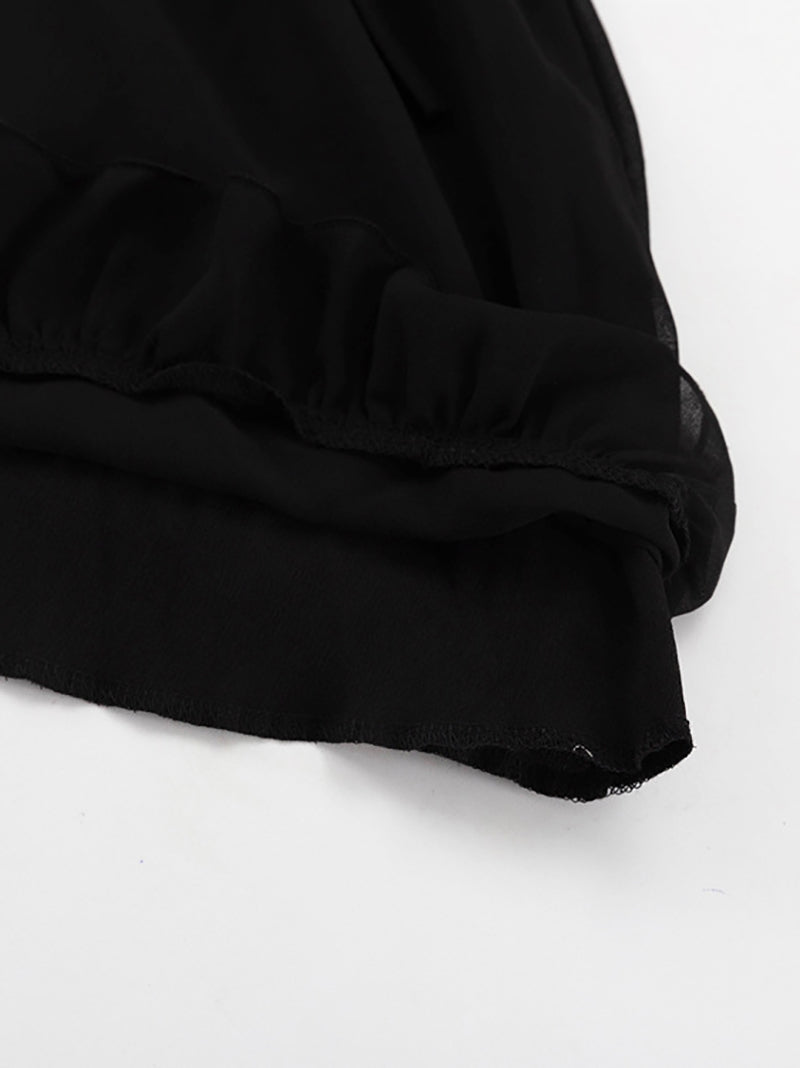 Casual V-neck Sheer Mesh High Waist Pleated Mini Dress