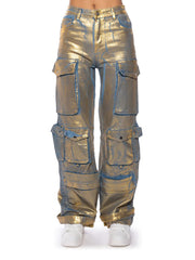 Fashionable Gold Print Multi-pocket Jeans