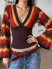 Wavy Stripe V Neck Bell Sleeve Top