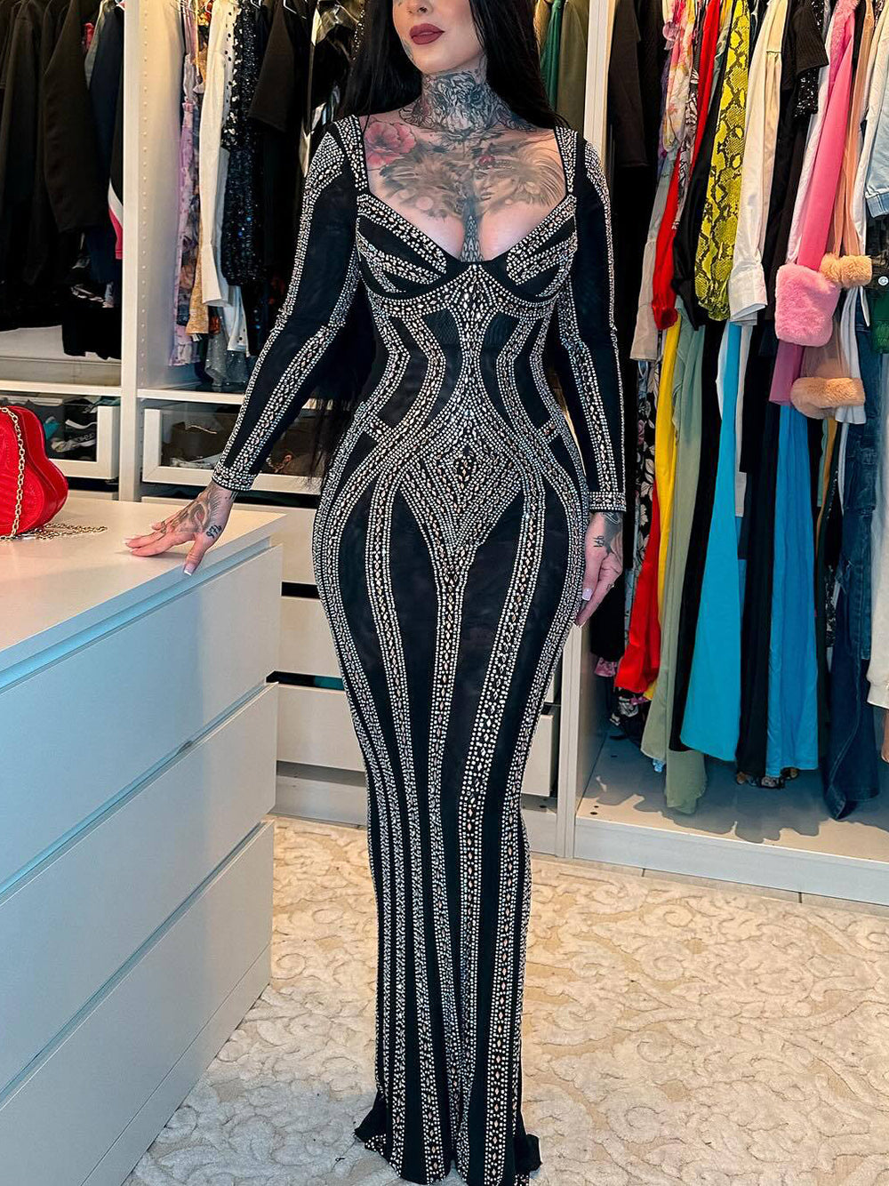 Sexy Rhinestone Slim Clubwear Dress