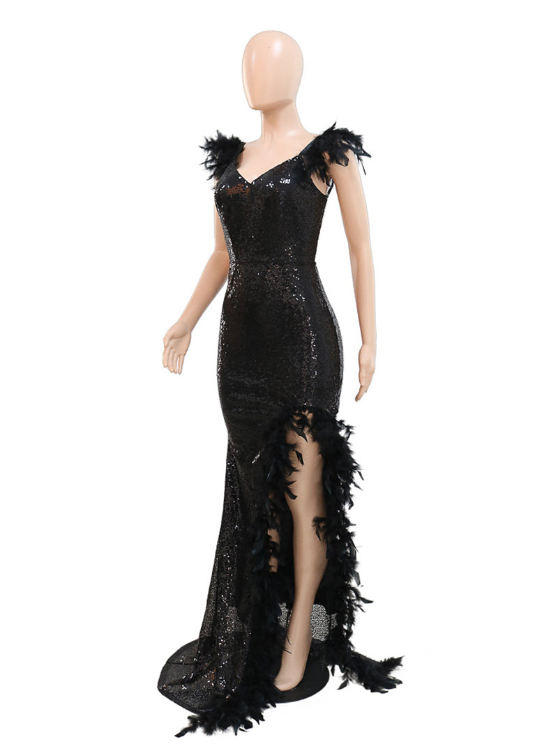 Sexy Sequin Backless Feather Slit Club Party Dress