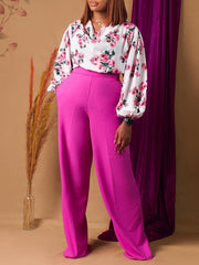 Elegant Rose Print Blouse And Wide Leg Pants Set