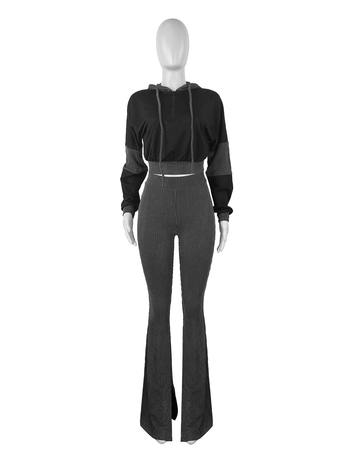 Casual Cropped Hoodie Ribbed Thigh Pants Sets