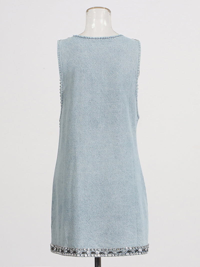 Elegant Crystal Embellished Sleeveless Denim Dress