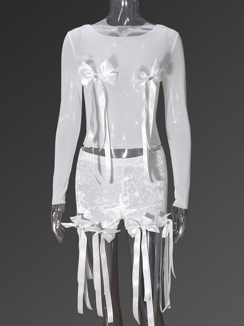 Sexy Bow Decor Lace See-through Top Shorts Sets