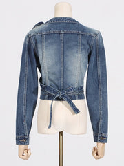Asymmetric Tie Front Cropped Denim Jacket-boutique