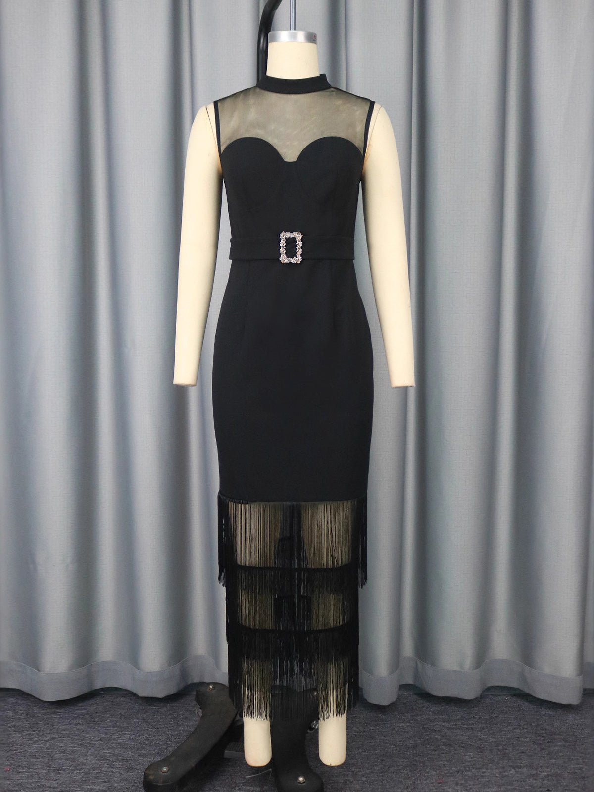 Fashion Mesh Patchwork Sleeveless Tassel Bodycon Dress