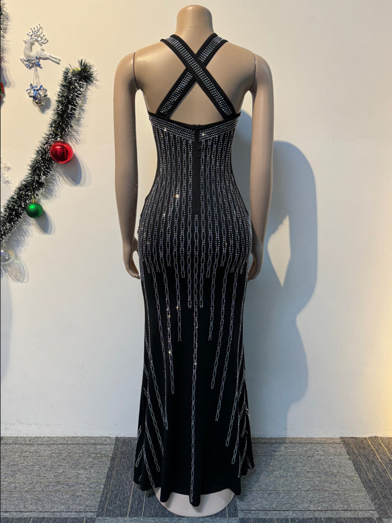 Deep V-Neck Vertical Line Rhinestone Maxi Dress