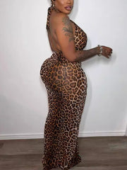 Halter Neck Elastic Leopard Print Long Dress