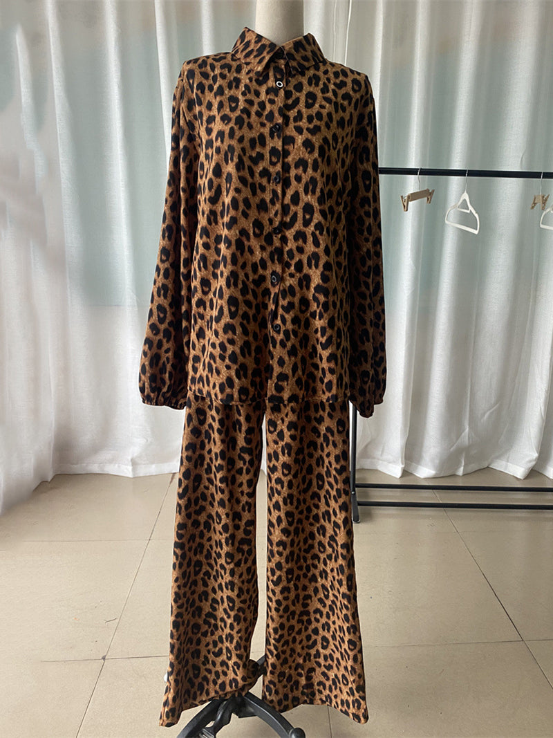 Leopard Print Casual Shirt And Trousers Set