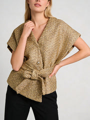 Metallic Texture Tie Waist Short Sleeve Jacket-boutique