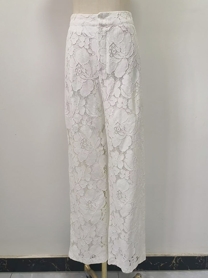 Fashion Embroidered Feather Crop Top Wide Leg Pants Set