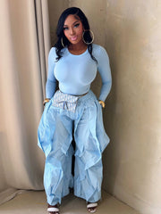 Fitted Top and Ruffle Trim Wide Leg Pants Set