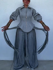 Zip Front Top and Fringe Wide Leg Pants Set-boutique