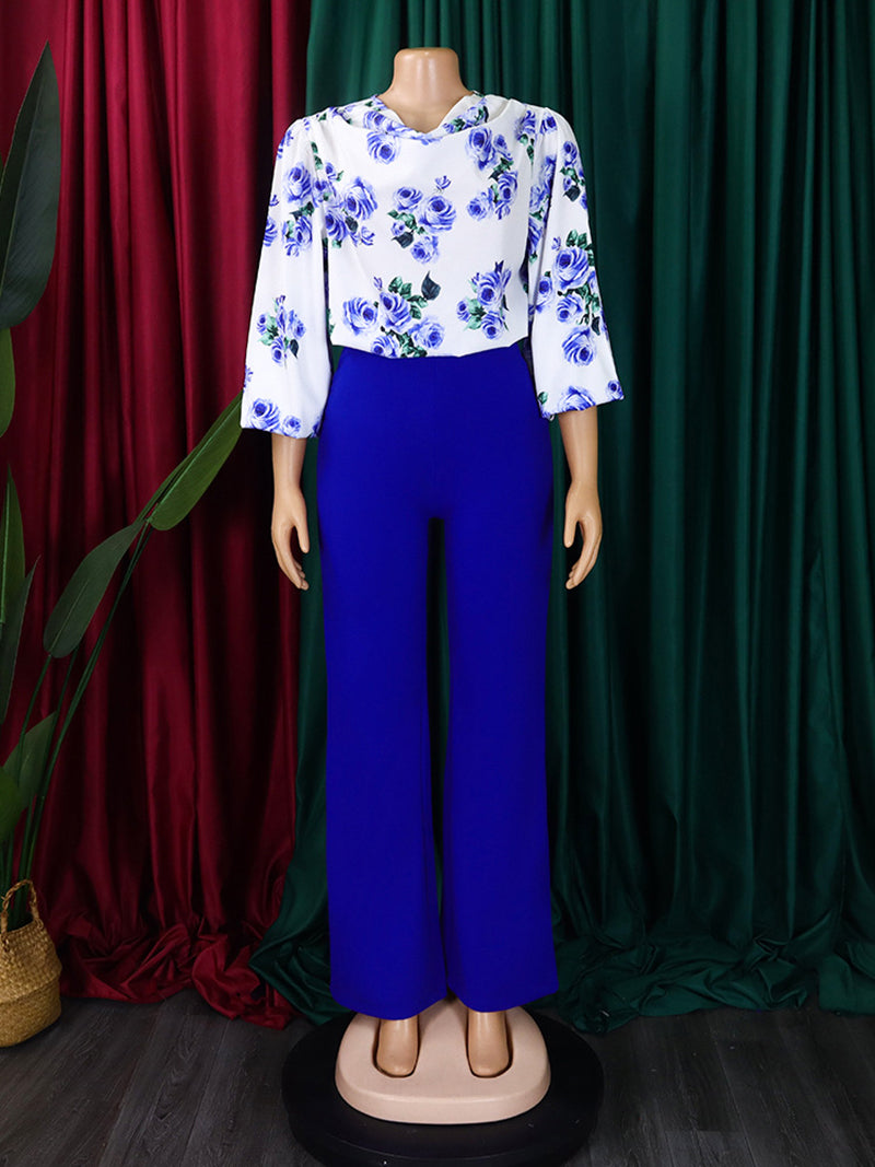 Elegant Rose Print Blouse And Wide Leg Pants Set