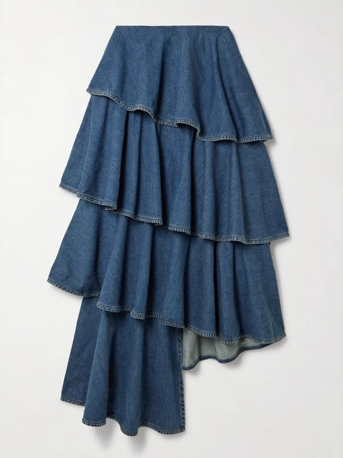 Loose Denim Shirt Asymmetric Ruffle Tiered Skirt Sets