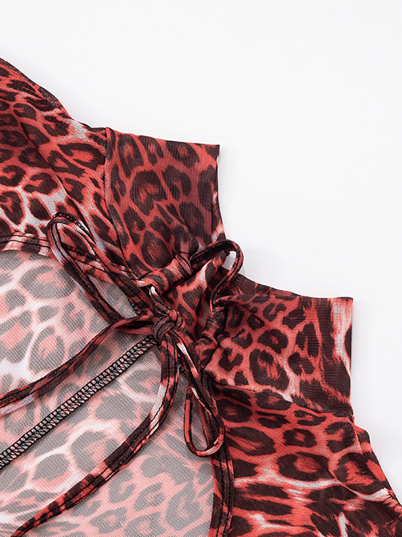 Sexy Leopard Print Mesh Backless Tight Jumpsuit