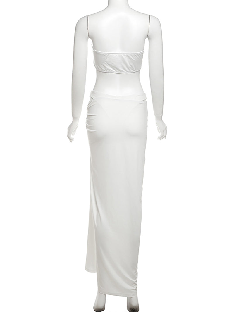 Oyster Metal Decor Strapless Top High Slit Skirt Sets