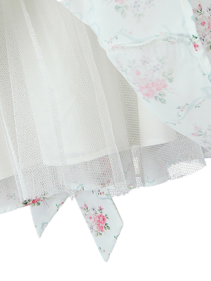 Fashion Floral Print Lace-Trim Ruffle Mini Dress