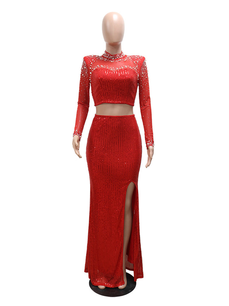 Sequin Sheer Mesh Slit Long Skirts Sets