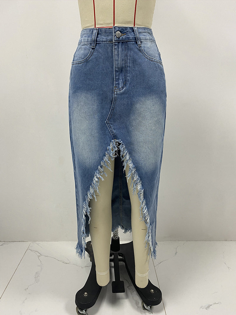 High Waist Irregular Tassel Casual Denim Skirt